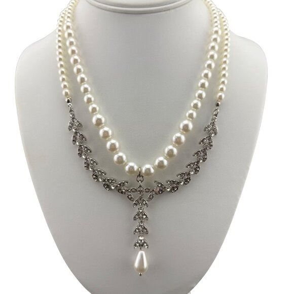 Elegant Faux Pearl Double-Strand Necklace With Rhinestone Pendant & Drop Pearl A - Picture 1 of 7
